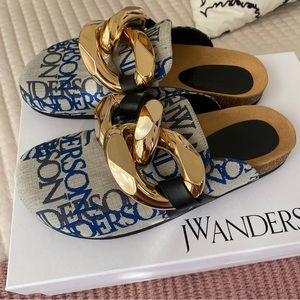 JW ANDERSON JACQUARD BEIGE BLUE MULE LOAFER CHAIN LINK SZ 41